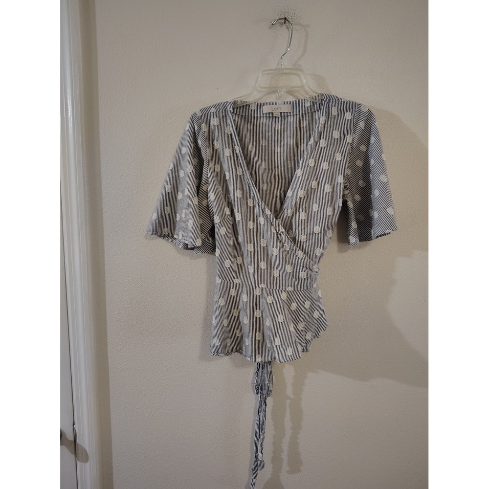 LOFT Womens Blue White Striped Polka Dot Wrap Top Flutter Sleeve Blouse Medium‎